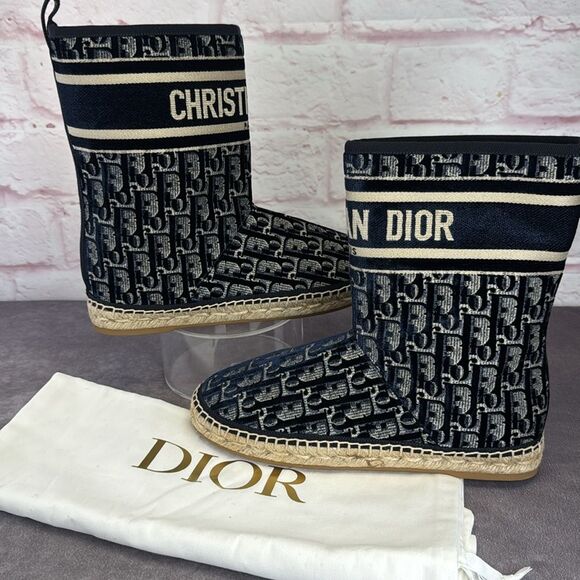 CHRISTIAN DIOR Velvet Oblique Granville Espadrille Boots 38.5 Deep Blue NEW - Picture 1 of 13